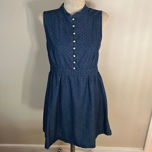 Blue dress with small polka dots and faux pearl buttons